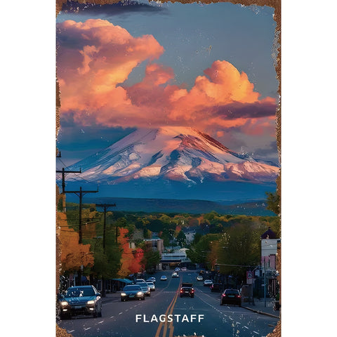 ブリキ看板 FLAGSTAFF フラッグスタッフ 山 夕焼け 風景 ビンテージ トラベル ポスター インテリア 雑貨