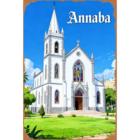 ブリキ看板 レトロ Annaba アルジェリア 教会 旅行 ポスター ヴィンテージ ノスタルジック 壁掛け インテリア