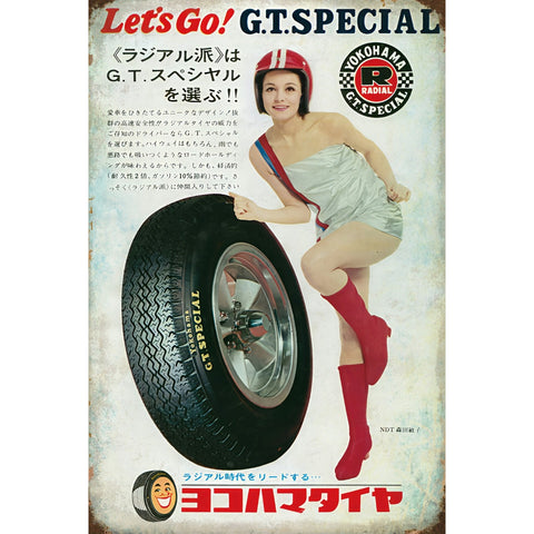 ブリキ看板 レトロ ヨコハマタイヤ G.T.SPECIAL 昭和 広告 日本 レースクイーン ヴィンテージ ノスタルジック 壁掛け インテリア