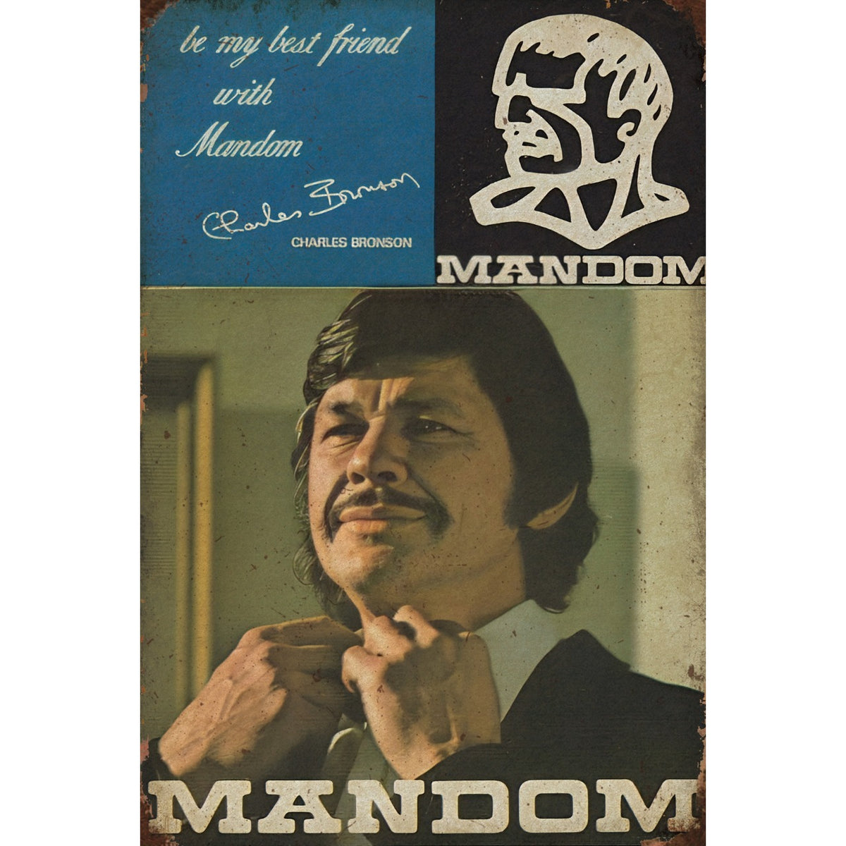 ブリキ看板 レトロ チャールズブロンソン MANDOM マンダム 映画 俳優 ヴィンテージ ノスタルジック 壁掛け インテリア