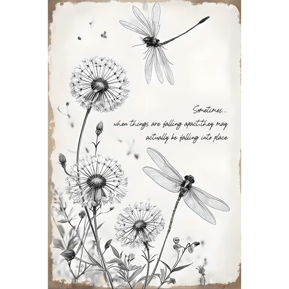 たんぽぽ トンボ 英語 メッセージ ブリキ看板 北欧風 モノクロ インテリア 壁飾り レトロ おしゃれ 雑貨