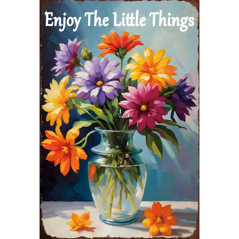 フラワー 花瓶 Enjoy The Little Things ブリキ看板 レトロ インテリア 壁飾り ビンテージ 雑貨 デコレーション