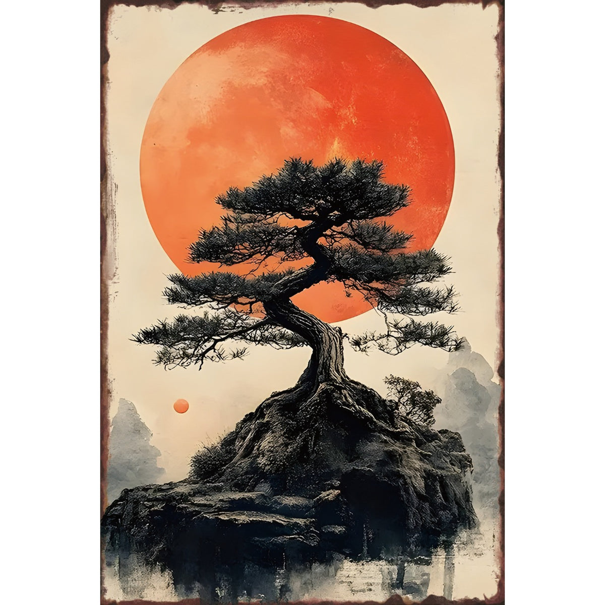 ブリキ看板 盆栽 日の出 和風 アート レトロ ビンテージ ポスター インテリア 雑貨