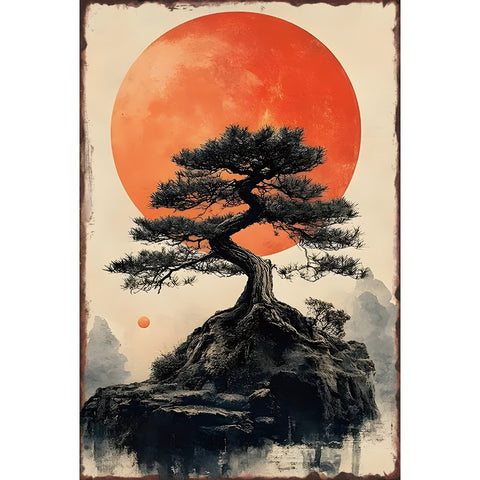 ブリキ看板 盆栽 日の出 和風 アート レトロ ビンテージ ポスター インテリア 雑貨