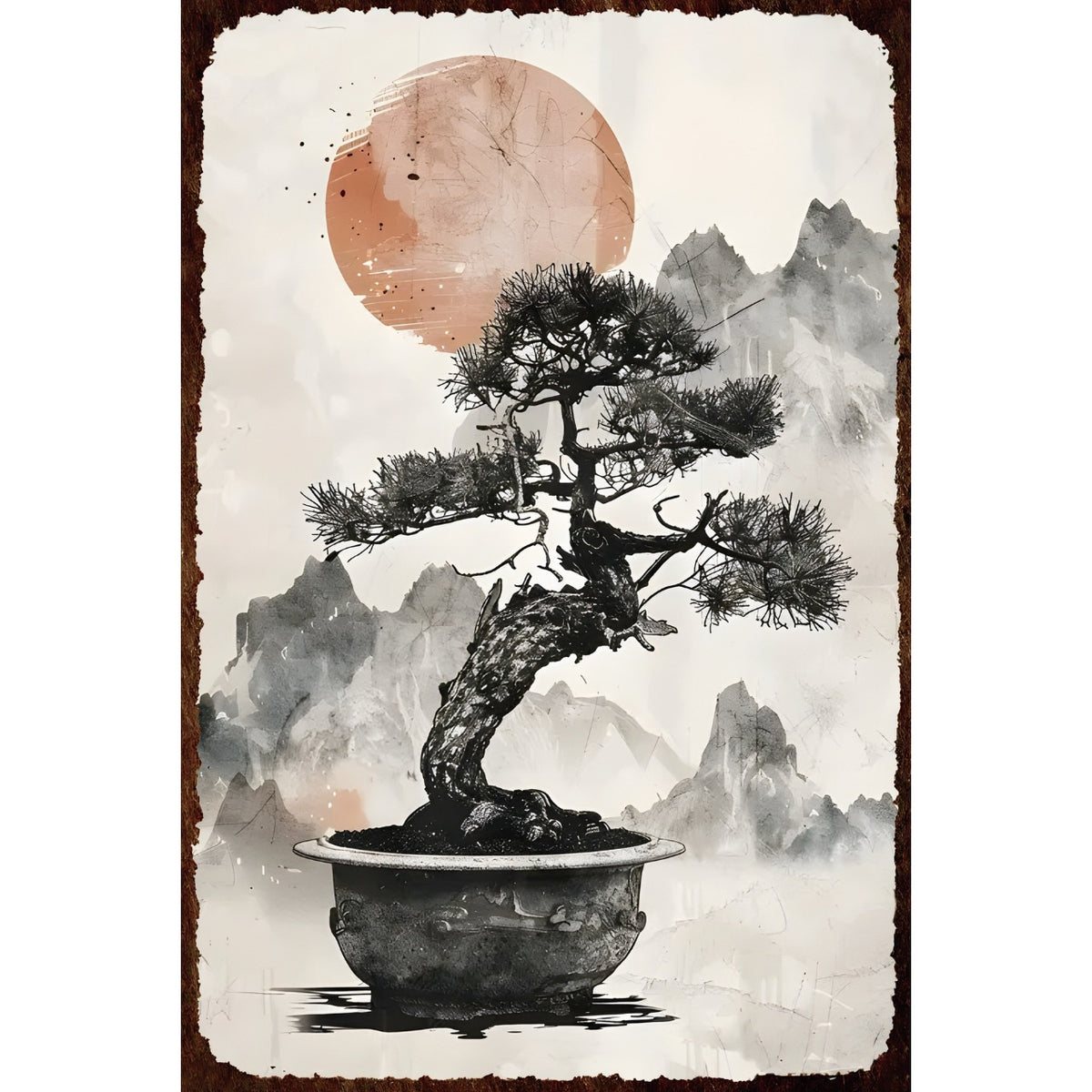 ブリキ看板 盆栽 山水画 和風 アート 水墨画 レトロ ビンテージ ポスター インテリア 雑貨