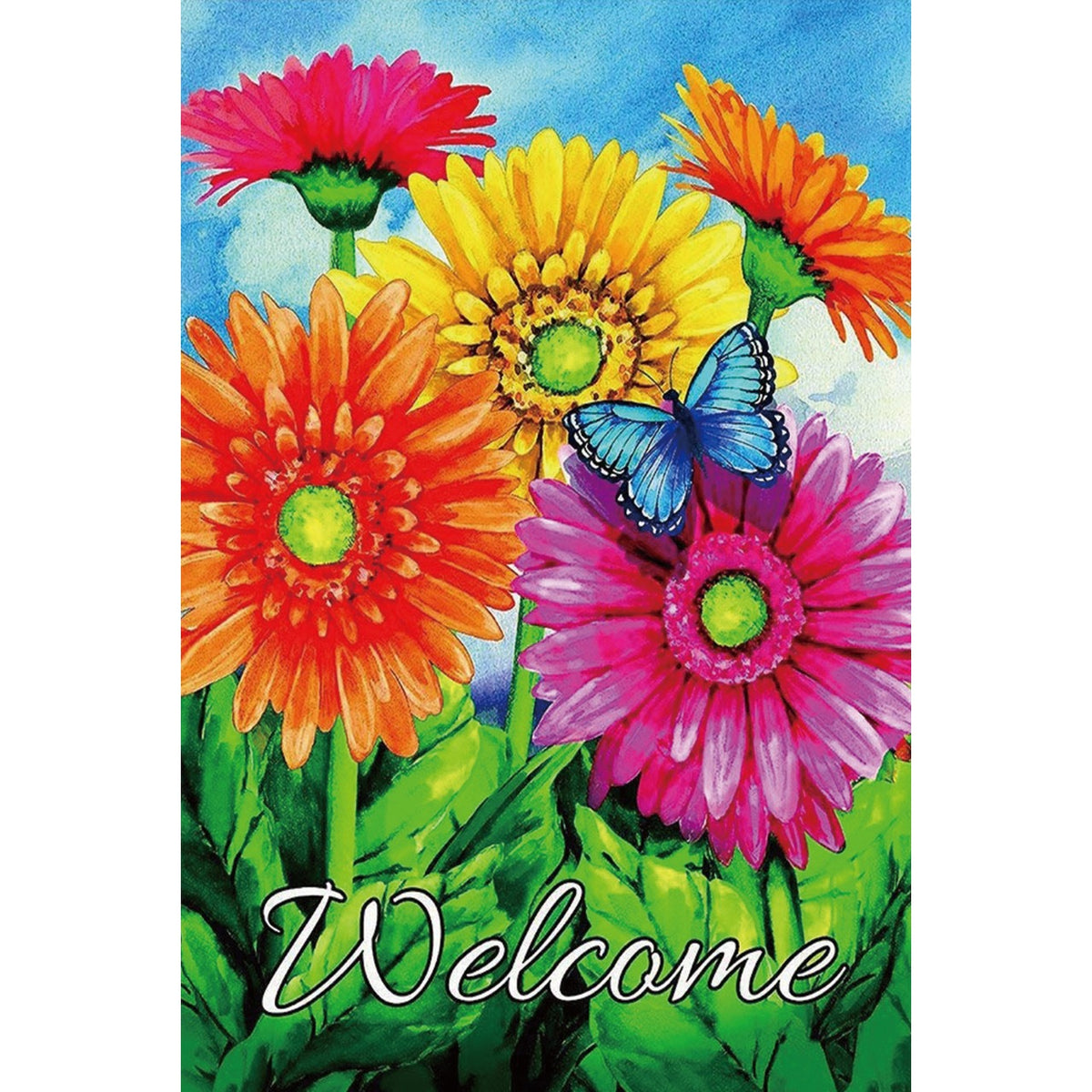 Welcome フラワー＆バタフライ ブリキ看板 ガーベラ 花柄 レトロ ガーデン インテリア 壁飾り 雑貨