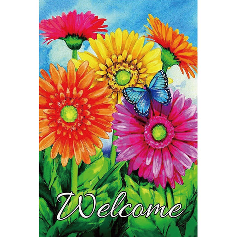 Welcome フラワー＆バタフライ ブリキ看板 ガーベラ 花柄 レトロ ガーデン インテリア 壁飾り 雑貨