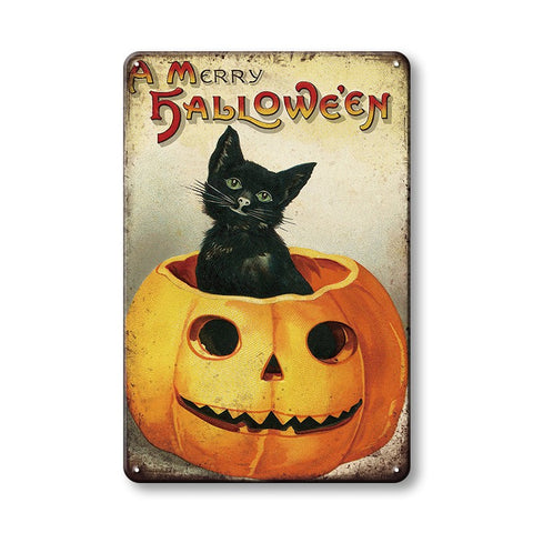 ハロウィン 黒猫 ジャックオーランタン ブリキ看板 レトロ ヴィンテージ風 インテリア