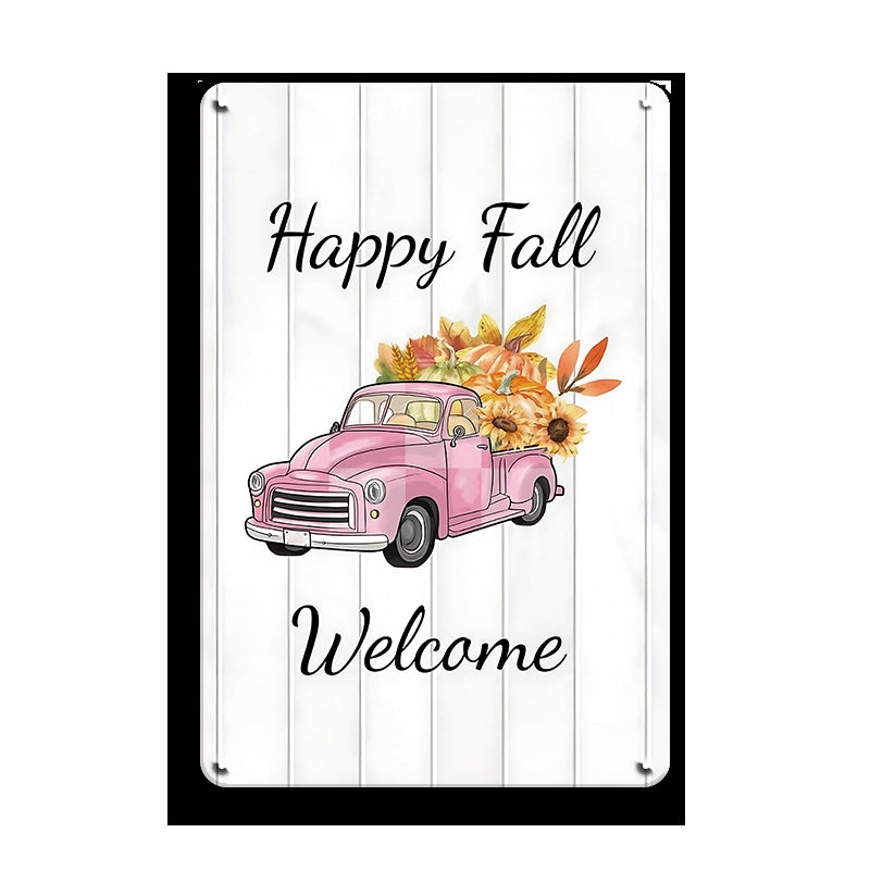 ブリキ看板 ウェルカム 秋 レトロ インテリア 壁飾り Happy Fall ピンクトラック おしゃれ ディスプレイ 雑貨