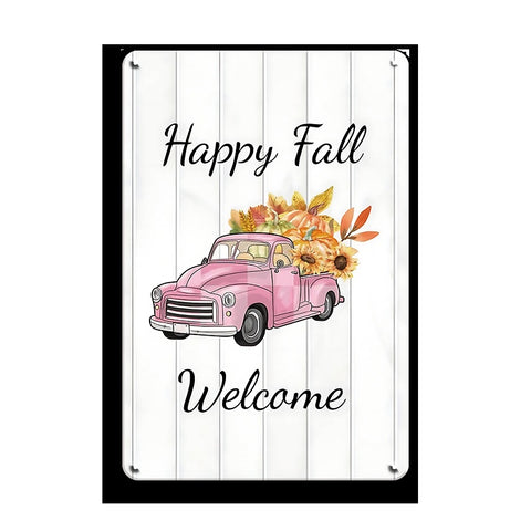 ブリキ看板 ウェルカム 秋 レトロ インテリア 壁飾り Happy Fall ピンクトラック おしゃれ ディスプレイ 雑貨