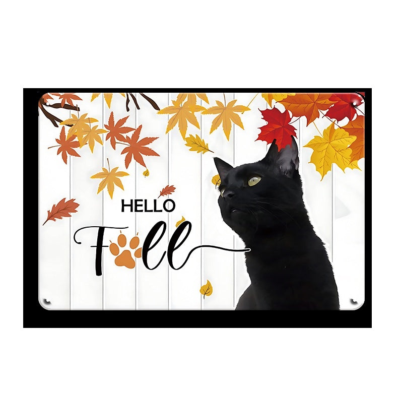 ブリキ看板 猫 黒猫 インテリア レトロ 壁飾り 秋 紅葉 Hello Fall アートプレート