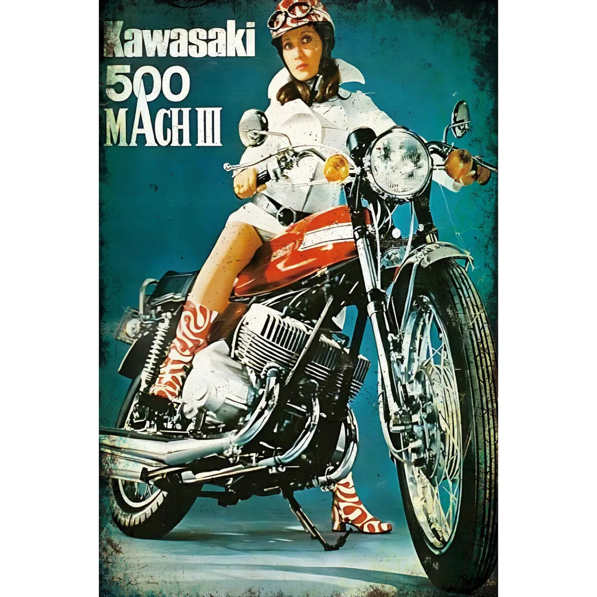 Kawasaki 500 MACH III ブリキ看板 バイク 昭和レトロ ヴィンテージ インテリア 雑貨