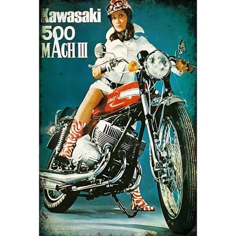 Kawasaki 500 MACH III ブリキ看板 バイク 昭和レトロ ヴィンテージ インテリア 雑貨