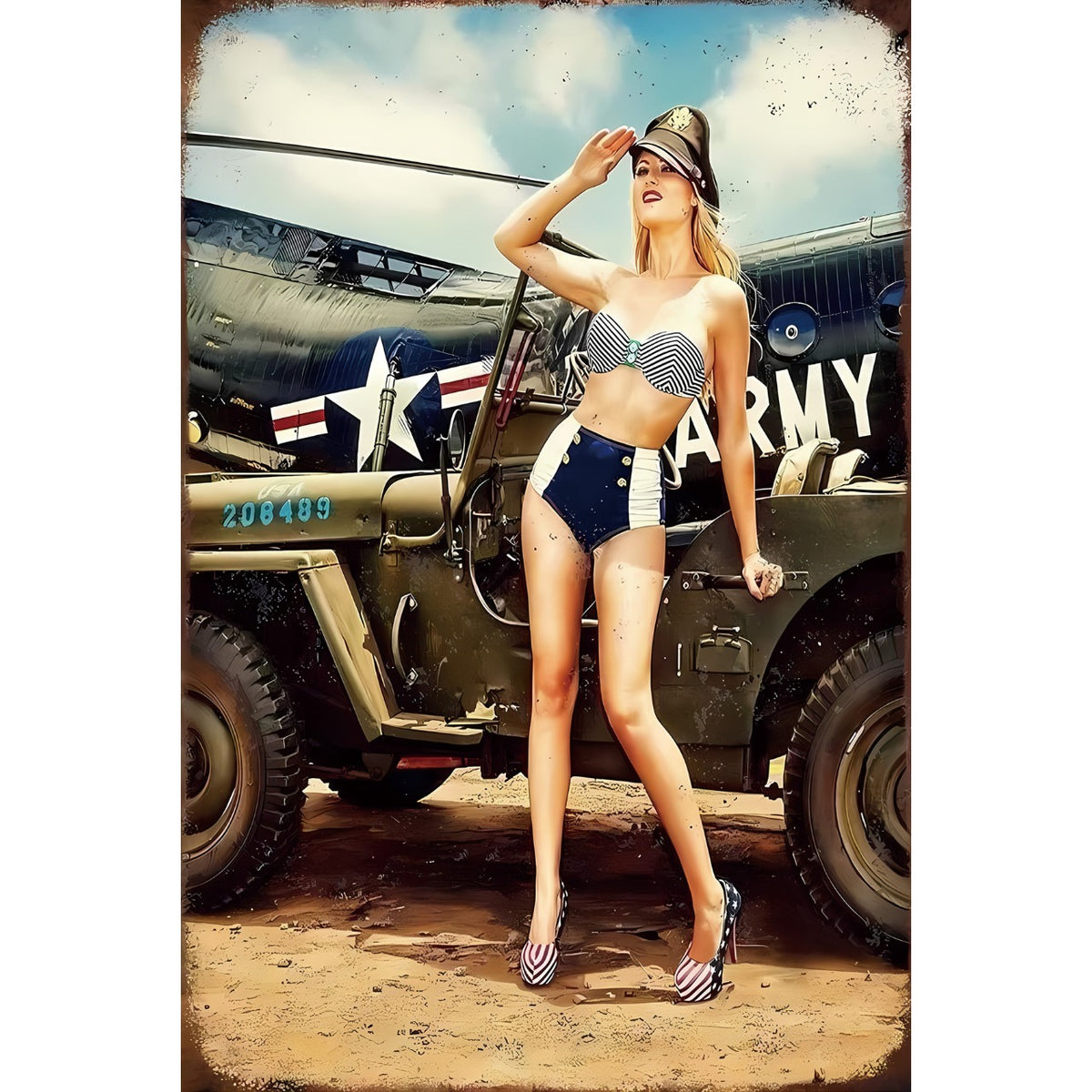 ミリタリー ピンナップガール ARMY ジープ クラシック ヴィンテージ ブリキ看板