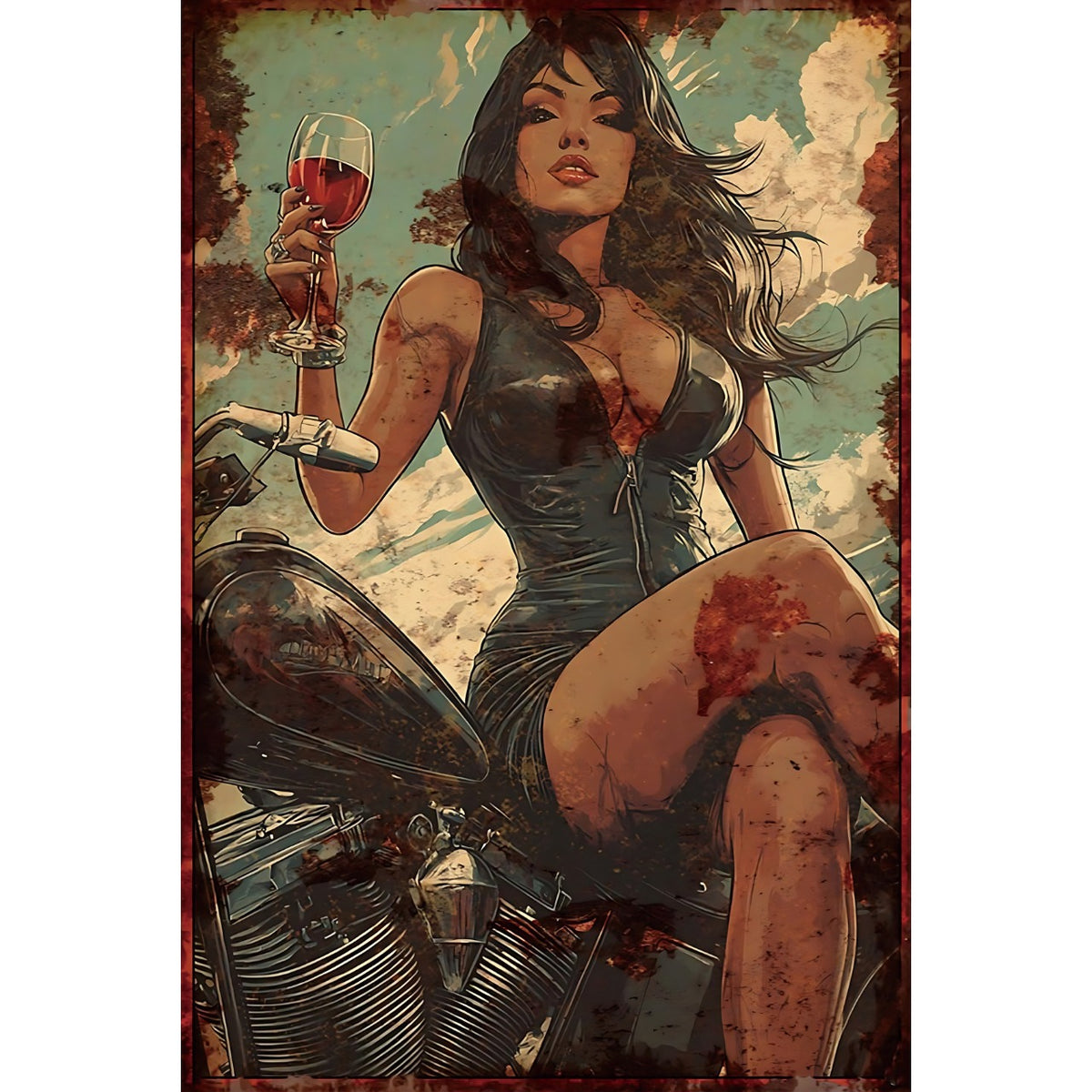 バイカーガール ピンナップ ワイン モーターサイクル アメリカン ヴィンテージ ブリキ看板