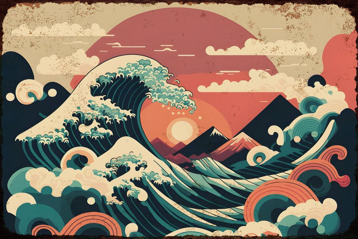 ブリキ看板 レトロ 富士山 波 浮世絵風 アート デザイン インテリア