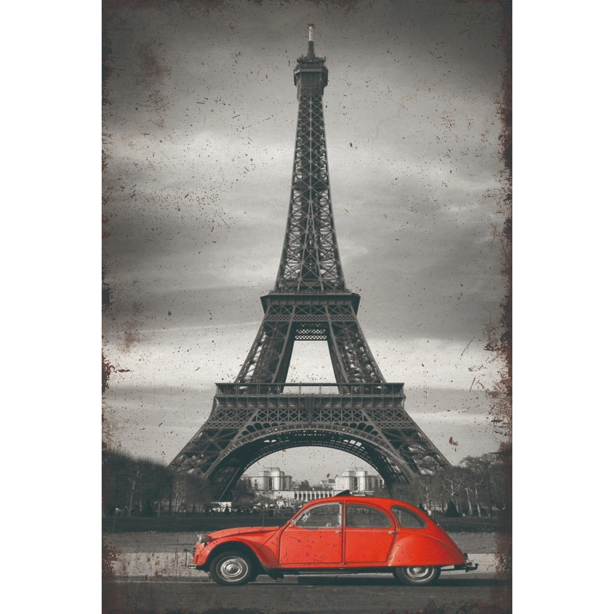 エッフェル塔 レッドクラシックカー パリ ブリキ看板 モノクロ 写真アート
