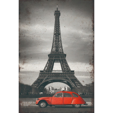 エッフェル塔 レッドクラシックカー パリ ブリキ看板 モノクロ 写真アート
