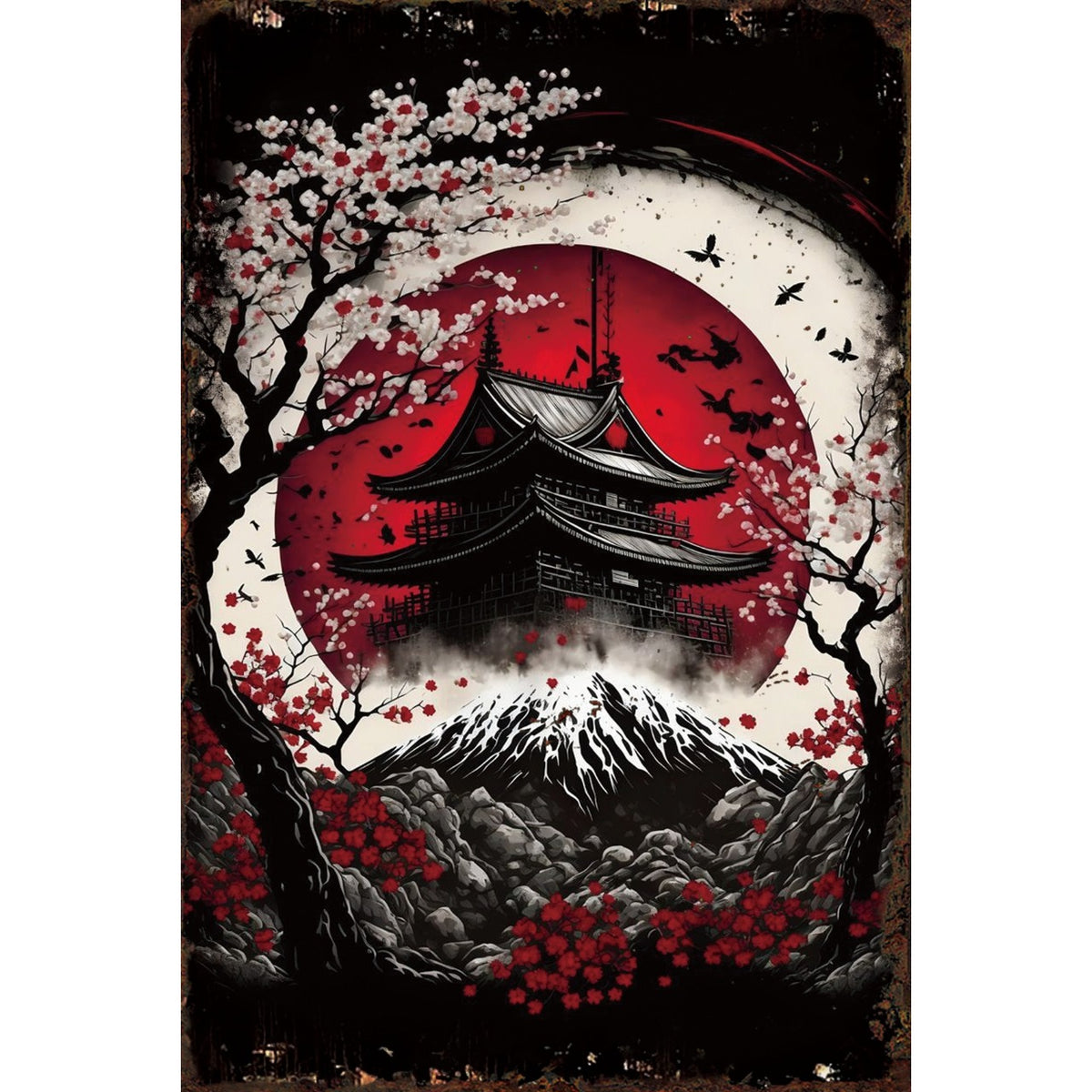 JAPAN SAMURAI CASTLE ブリキ看板 和風 インテリア 富士山 桜 レトロアート