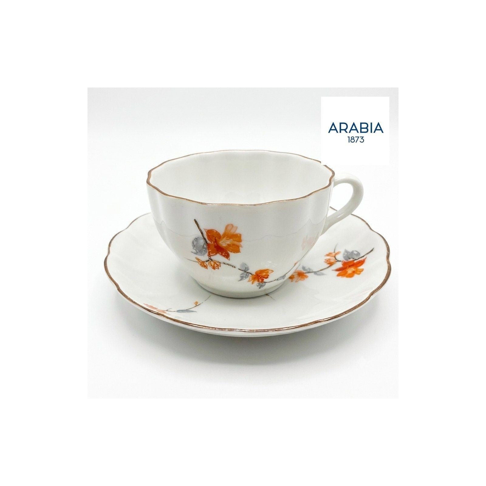 ARABIA SUOMI FINLANDIA ヴィンテージ カップ&ソーサー オレンジ花柄 金彩 スカラップ縁 フィンランド